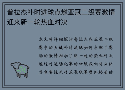 普拉杰补时进球点燃亚冠二级赛激情迎来新一轮热血对决