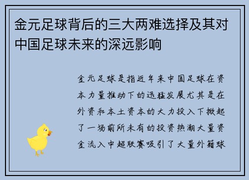 金元足球背后的三大两难选择及其对中国足球未来的深远影响